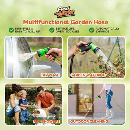 Flexi Hose PLUS with 8 Function Nozzle Expandable Garden Hose, Lightweight & No-Kink Flexible Garden Hose, 3/4 inch Solid Brass Fittings and Double Latex Core, 100 ft Black