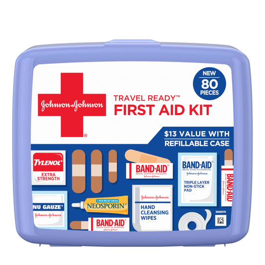 BAND-AID Brand Travel Ready Portable Emergency First Aid Kit for Minor Wound Care, Perfect for Home, Car, Travel, Camping Essentials & Outdoor Emergency Kit, 80 Pieces
