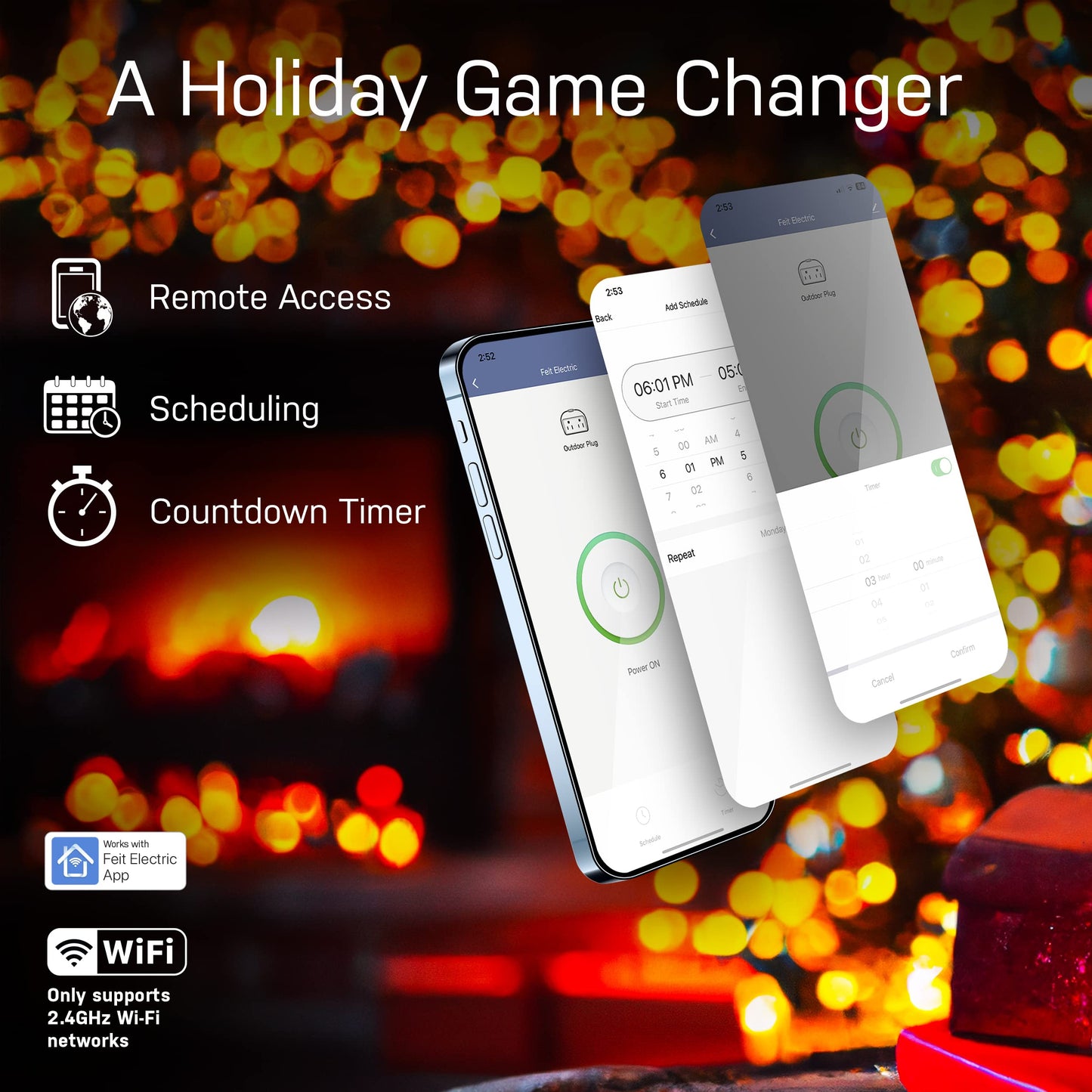 Feit Electric WiFi Work with Alexa and Google Home, Feit App, No hub required, Remote Control From Anywhere 15 Amp Smart Outlet Plug, Indoor, 120 volts, Plastic, White