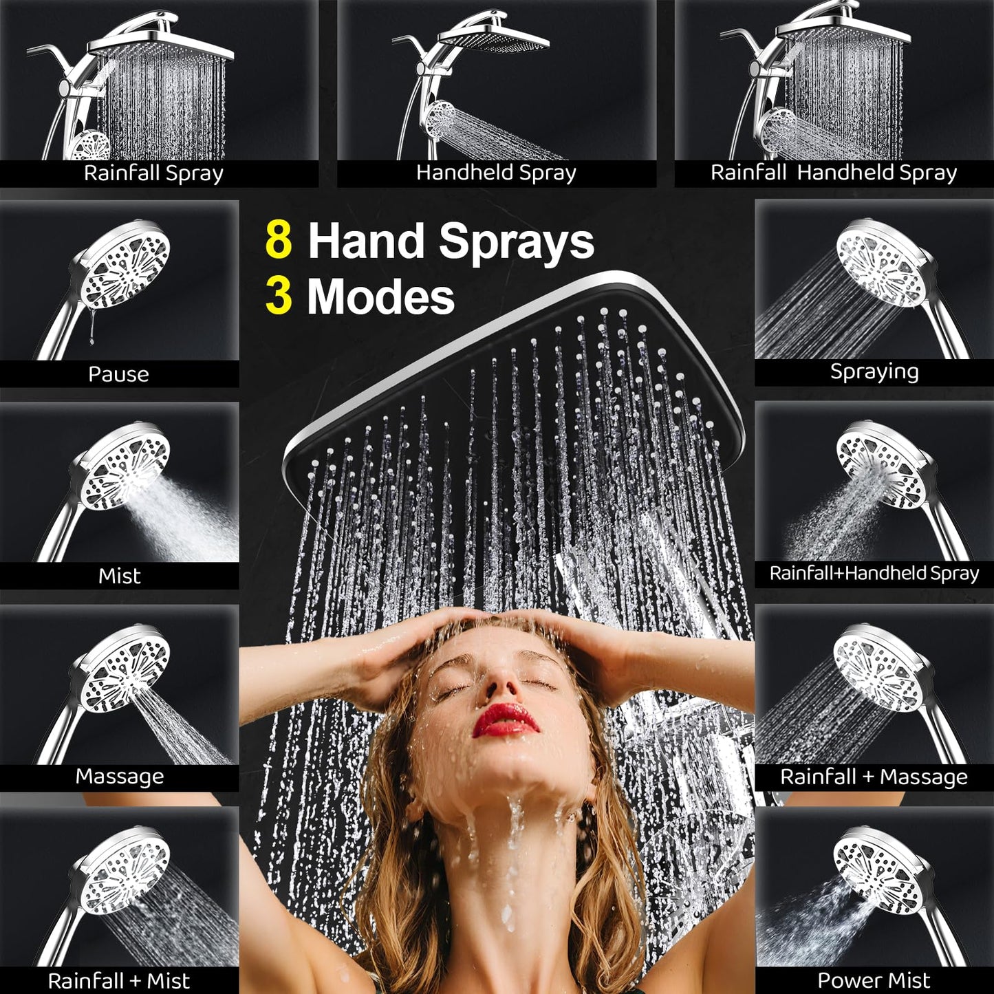 Rain Shower Head with Handheld High Pressure rainfall Shower Heads with Handheld Spray Combo Adjustable one-piece stand daul shower head Built-in Magnetic Docking and Power Jets