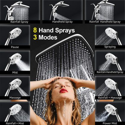 Rain Shower Head with Handheld High Pressure rainfall Shower Heads with Handheld Spray Combo Adjustable one-piece stand daul shower head Built-in Magnetic Docking and Power Jets