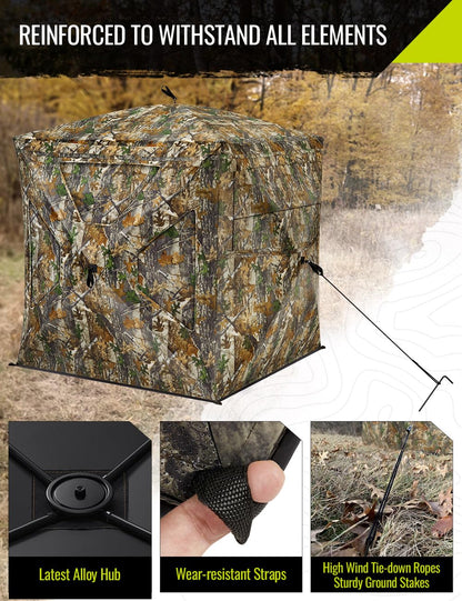 TIDEWE Hunting Blind 270°Full See Through with Windproof Curtain, Silent Magnetic Door & Sliding Windows, 2-3 Person Pop Up Ground Blind with Carrying Bag, 300D Portable Tent(Camouflage)