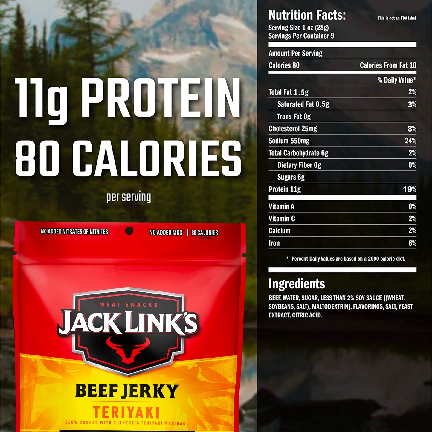 Jack Link's Beef Jerky, Teriyaki, Large Jerky Bags – Flavorful Meat Snacks, Ready to Eat Protein Snacks with 11g of Protein, Made with 100% Beef, Keto, Paleo & Carnivore Diet Ready – 9 Oz. (Pack of 2)