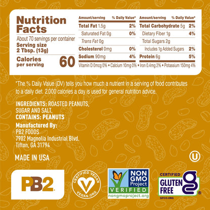 PB2 Powdered Peanut Butter Powder | 2LB Jar | Certified Gluten Free, Low-Carb, Keto Diet Friendly | Original Flavor with 6G of Protein, 90% Less Fat, 60 Calories Per Serving | Easy Mix for Healthy, Fit Diet