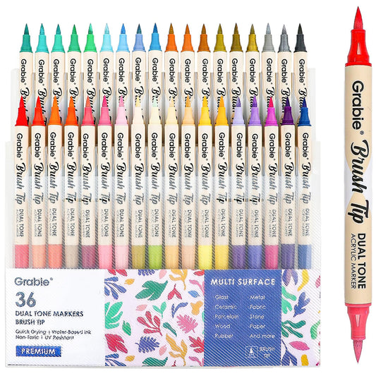 Grabie 72 Colors Paint Markers, Dual-Color Acrylic Pens with 36 Brush Tips, Double Tipped for Rocks & Art Supplies
