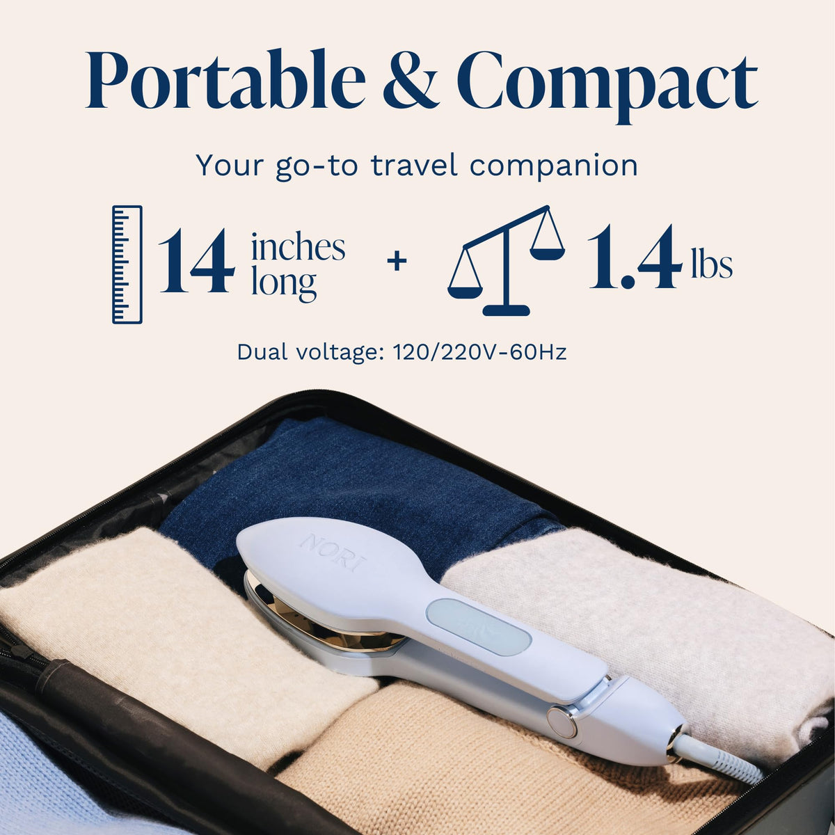 Nori Press Travel Steam Iron - Handheld Iron With Optional Steam Feature - No Ironing Board Required - Easy to Use w/ 6 Fabric Settings - Removes Wrinkles - Blue