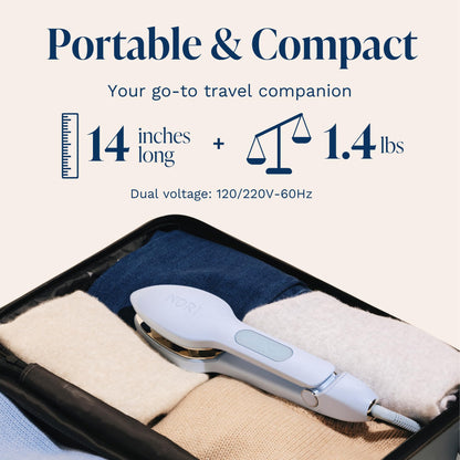 Nori Press Travel Steam Iron - Handheld Iron With Optional Steam Feature - No Ironing Board Required - Easy to Use w/ 6 Fabric Settings - Removes Wrinkles - Blue