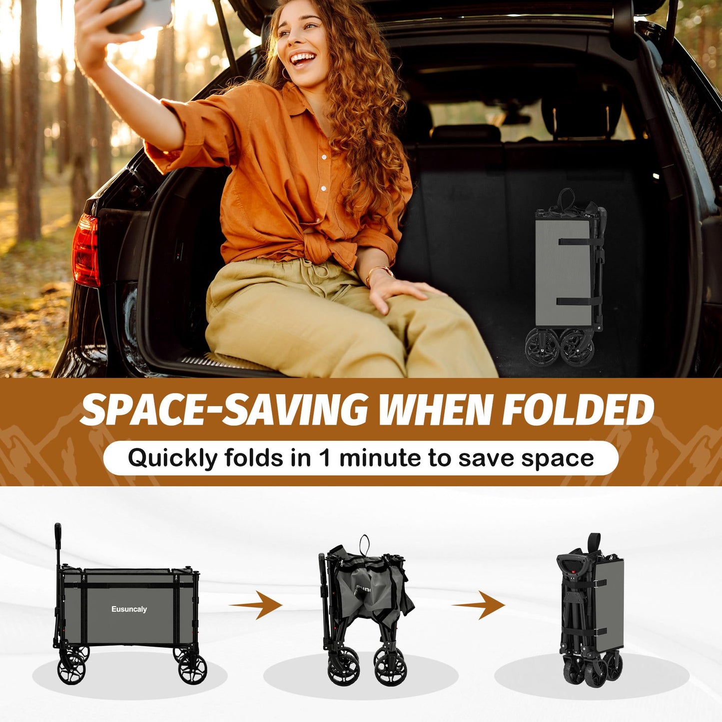 Eusuncaly Collapsible Wagon with Wheels, Wagons Carts Foldable, Heavy Duty Folding Utility Cart for Grocery, Camping, Shopping, Sports, Garden, Fishing, Grey