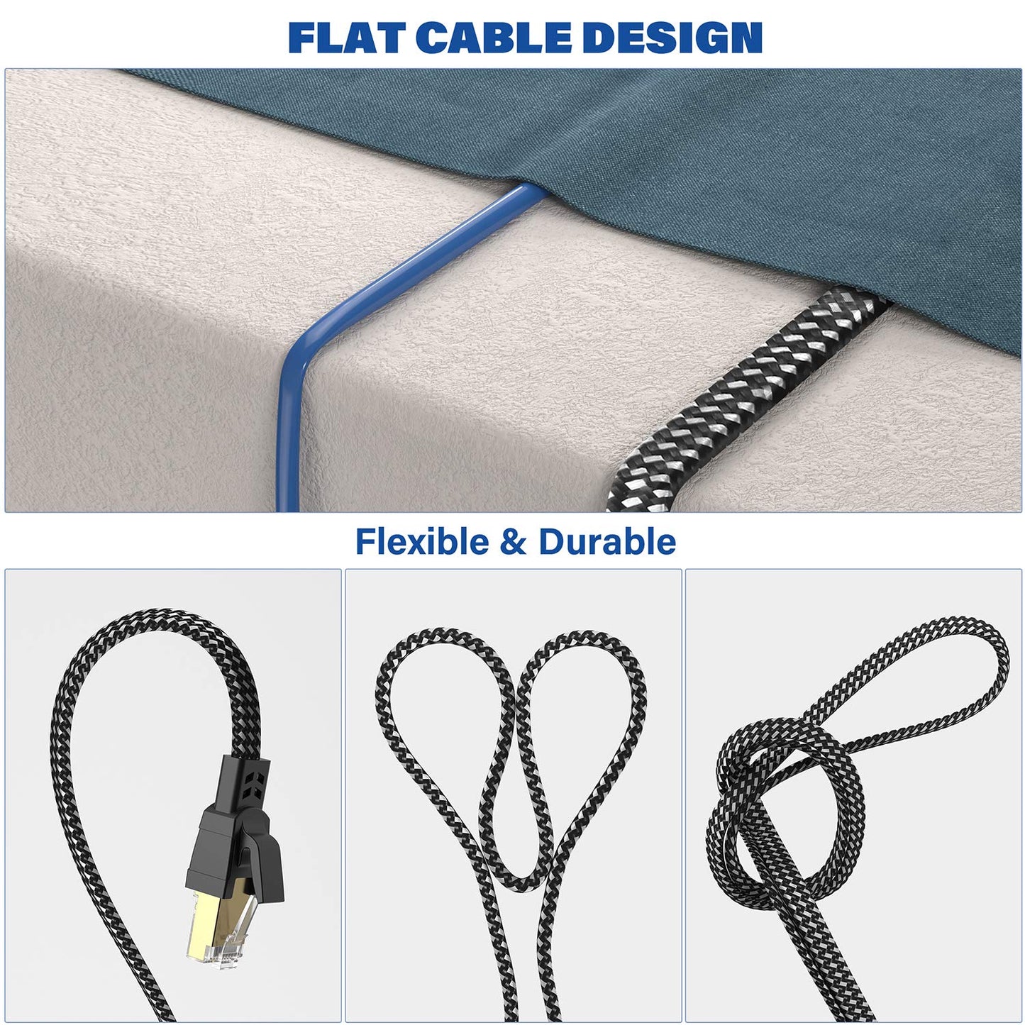 Cat 8 Ethernet Cable 6 ft 2 Pack, Nylon Braided High Speed Heavy Duty Cat8 Network LAN Patch Cord, 40Gbps 2000Mhz SFTP RJ45 Flat Cable Shielded in Wall, Indoor&Outdoor for Modem/Router/Gaming/PC