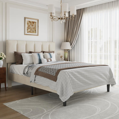 VECELO Queen Size Bed Frame with Upholstered Headboard, Pale Beige