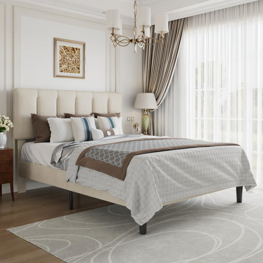VECELO Queen Size Bed Frame with Upholstered Headboard, Pale Beige