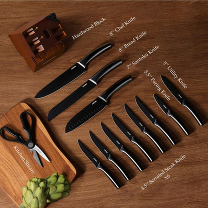 CAROTE 14Pcs Kitchen Knife Set, Dishwasher Safe knife set with Block and Sharpener, Stainless Steel Cutlery with Razor-Sharp Blades, 6 Steak Knives, Full-Black