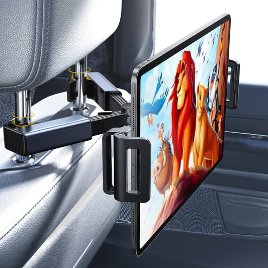 LISEN Tablet iPad Holder for Car Mount Headrest Must Have, iPad Car Holder Back Seat Travel Accessories Long Road Trip Essentials for Kids Adults Fits All 4.7-12.9" Devices & Headrest Rod Black