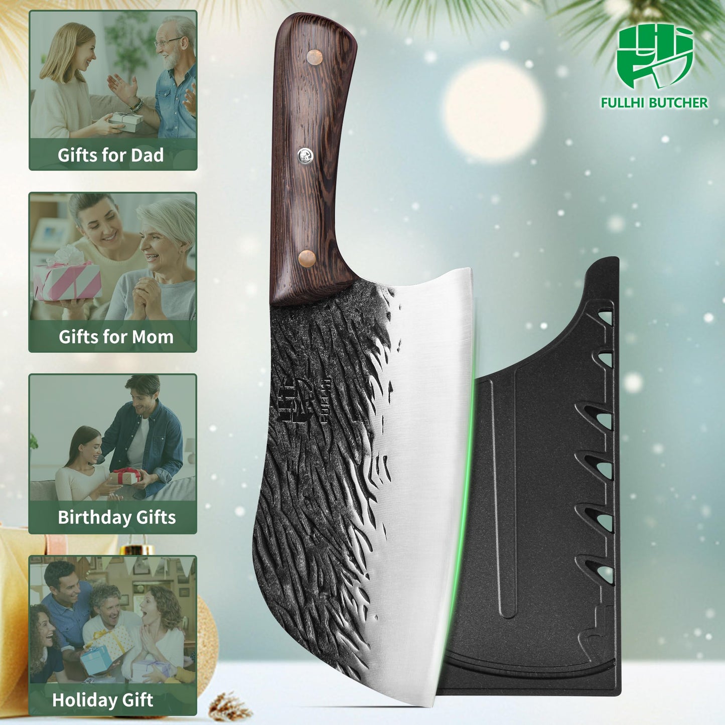 FULLHI Butcher Knife, Multi-color Wood Handle Full Tang Chef Knife with Sheath, High Carbon Steel Meat Slicing Kitchen Knife for Outdoor, Camping BBQ (Brown, Serbian Chef Knife)