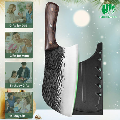 FULLHI Butcher Knife, Multi-color Wood Handle Full Tang Chef Knife with Sheath, High Carbon Steel Meat Slicing Kitchen Knife for Outdoor, Camping BBQ (Brown, Serbian Chef Knife)