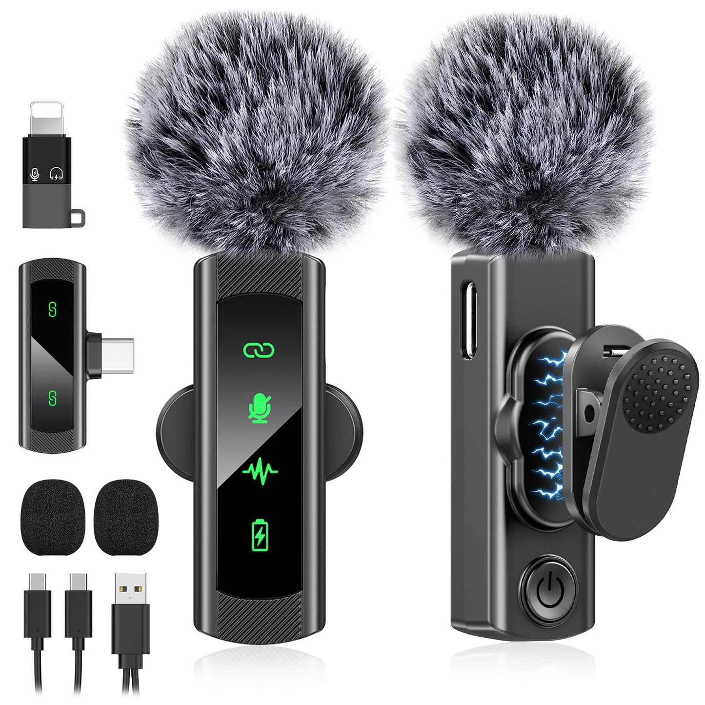 QUZAZBU USB C Wireless Lavalier Microphone for iPhone 15 16, Mini LED Display Microphone for Android with Noise Reduction, Lapel Magnetic Clip-on Mic for Recording Content Creator Vlog Tiktok YouTube