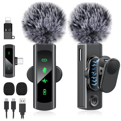 QUZAZBU USB C Wireless Lavalier Microphone for iPhone 15 16, Mini LED Display Microphone for Android with Noise Reduction, Lapel Magnetic Clip-on Mic for Recording Content Creator Vlog Tiktok YouTube