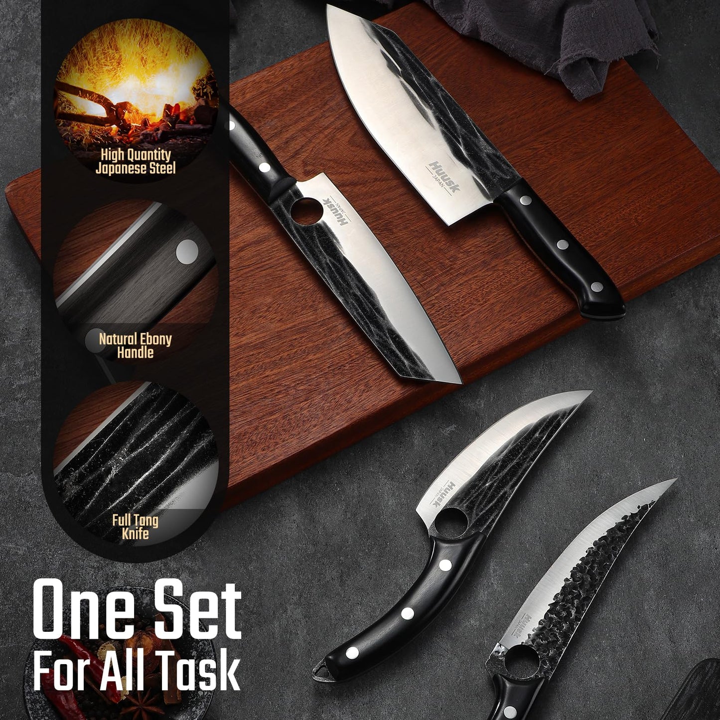 Huusk Knives Set, Serbian Chef Knife Set with Bag, Japanese Kitchen Knives Set, Hand Forged High Carbon Steel Knife Set, Full Tang Knives with Ebony Handle, Butcher Knife Set for Dad, Gif for Men
