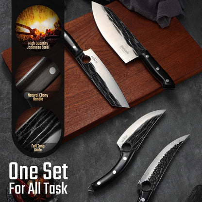 Huusk Knives Set, Serbian Chef Knife Set with Bag, Japanese Kitchen Knives Set, Hand Forged High Carbon Steel Knife Set, Full Tang Knives with Ebony Handle, Butcher Knife Set for Dad, Gif for Men