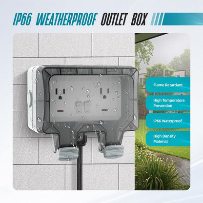 Outdoor Outlet Box with 16.4Ft Extension Cord,NEMA 5-15R,IP66 Waterproof Outdoor Outlet Box w/Lockable Cover & LED Indicator (Double Plug Socket) -Perfect for Gardens, Yards & Sports Fields