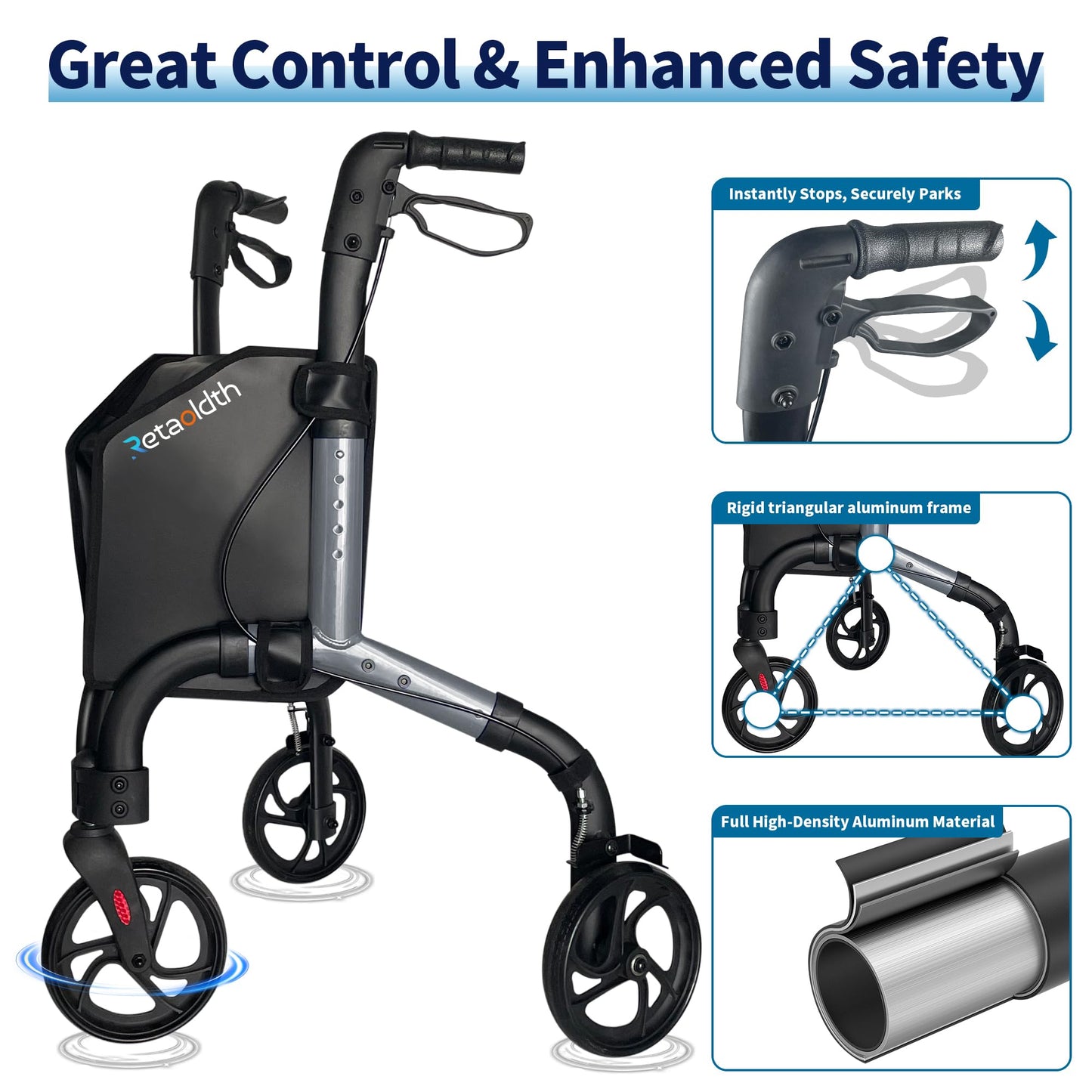 Premium 3 Wheel Rollator Walker for Seniors, Lightweight Foldable Elderly Three Wheeled Rollator with Storage Bag, Aluminum Mobility Aid Rolling Walker