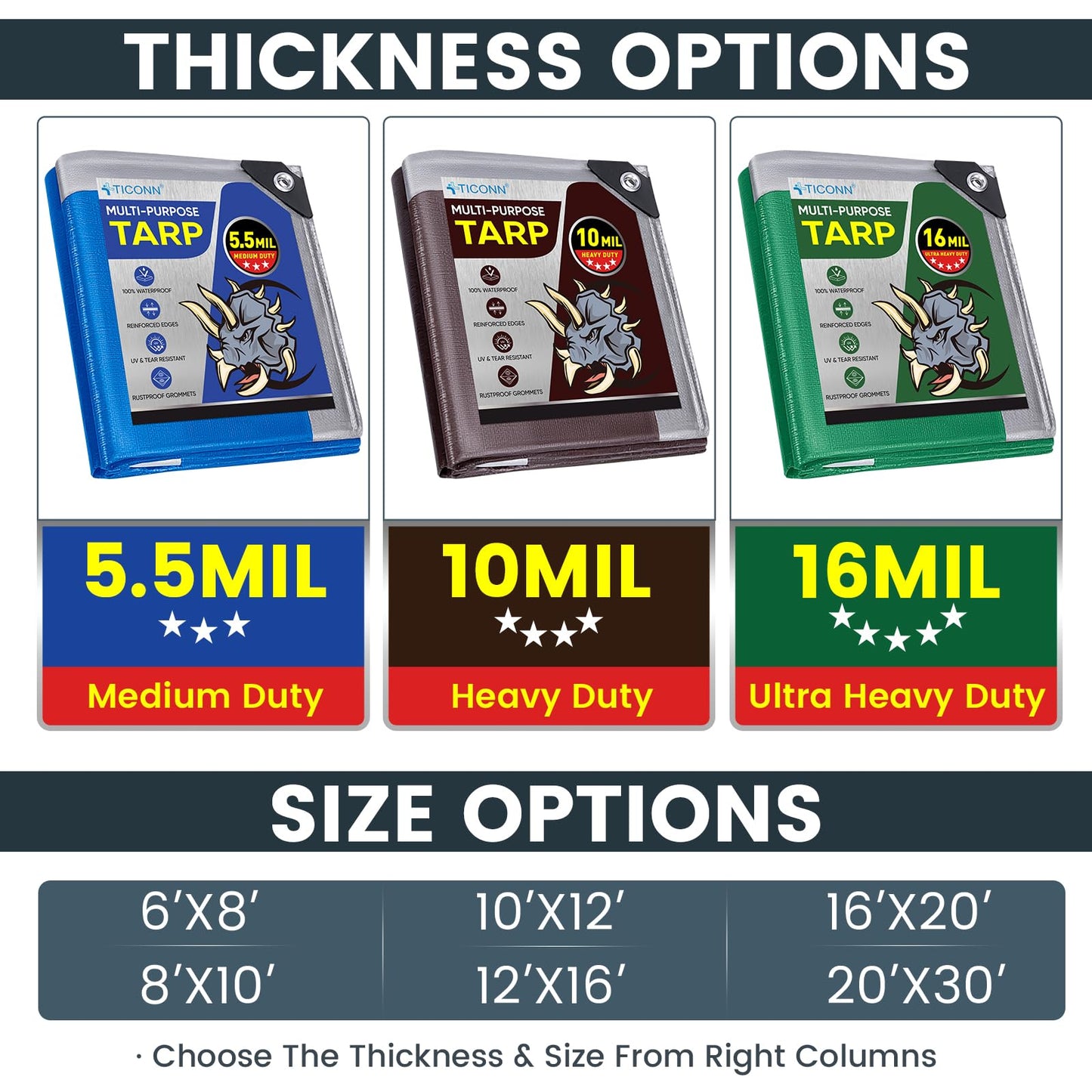 TICONN Heavy Duty Tarp Cover, Extra Thick Tarps Waterproof Tear and Rip Proof UV Resistant Tarpaulin with Reinforced Grommets and Edges (5.5 Mil, 10'x12')