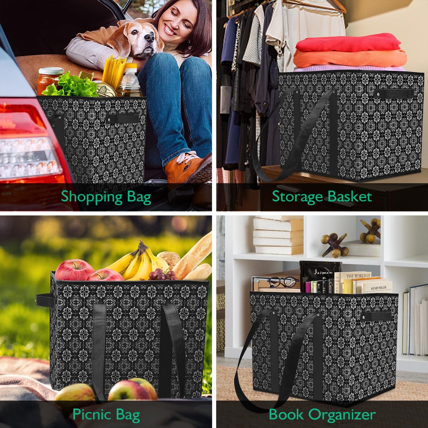 WISELIFE Reusable Grocery Bags [4 Pack],Large Grocery Tote Bag Water Resistant Shopping Bags Foldable Grocery Bag for Clothes,Shoes and Picnic,Black