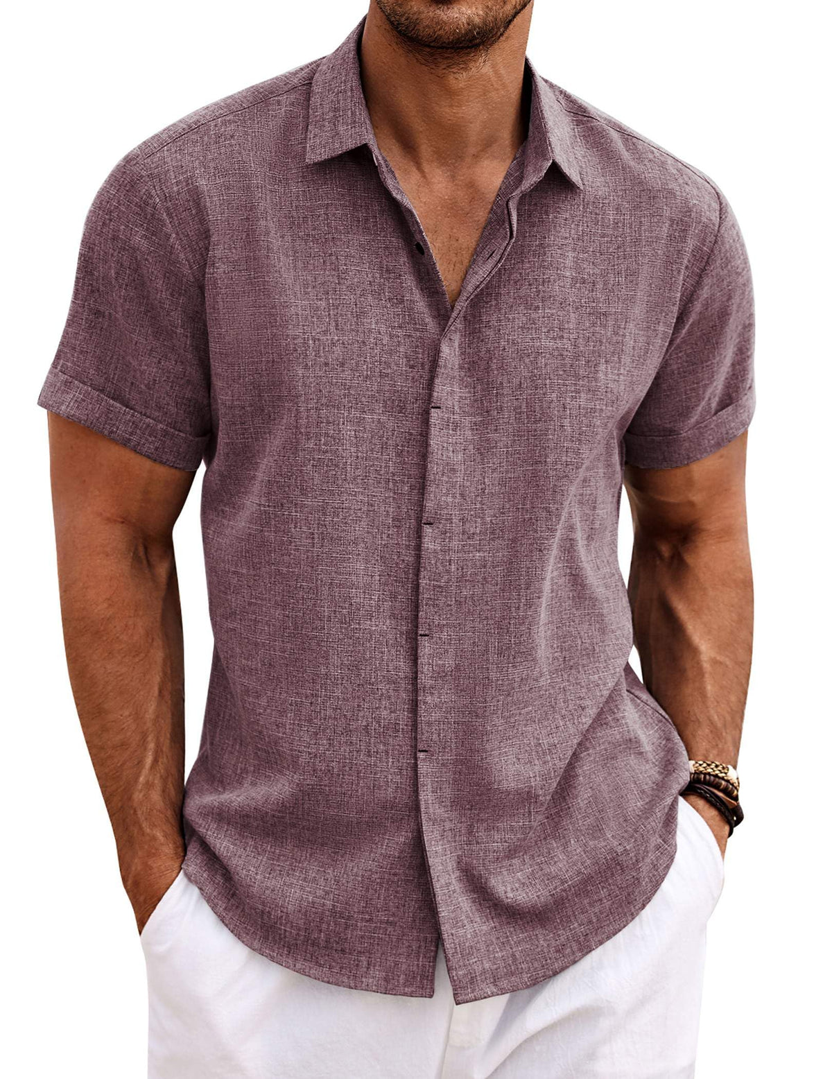 COOFANDY Men's Linen Shirts Short Sleeve Casual Shirts Button Down Shirt for Men Beach Summer Wedding Shirt Dark Red