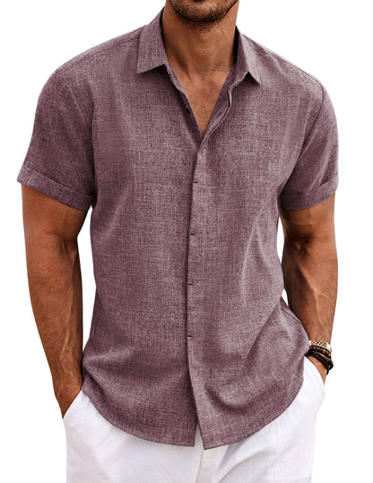 COOFANDY Men's Linen Shirts Short Sleeve Casual Shirts Button Down Shirt for Men Beach Summer Wedding Shirt Dark Red