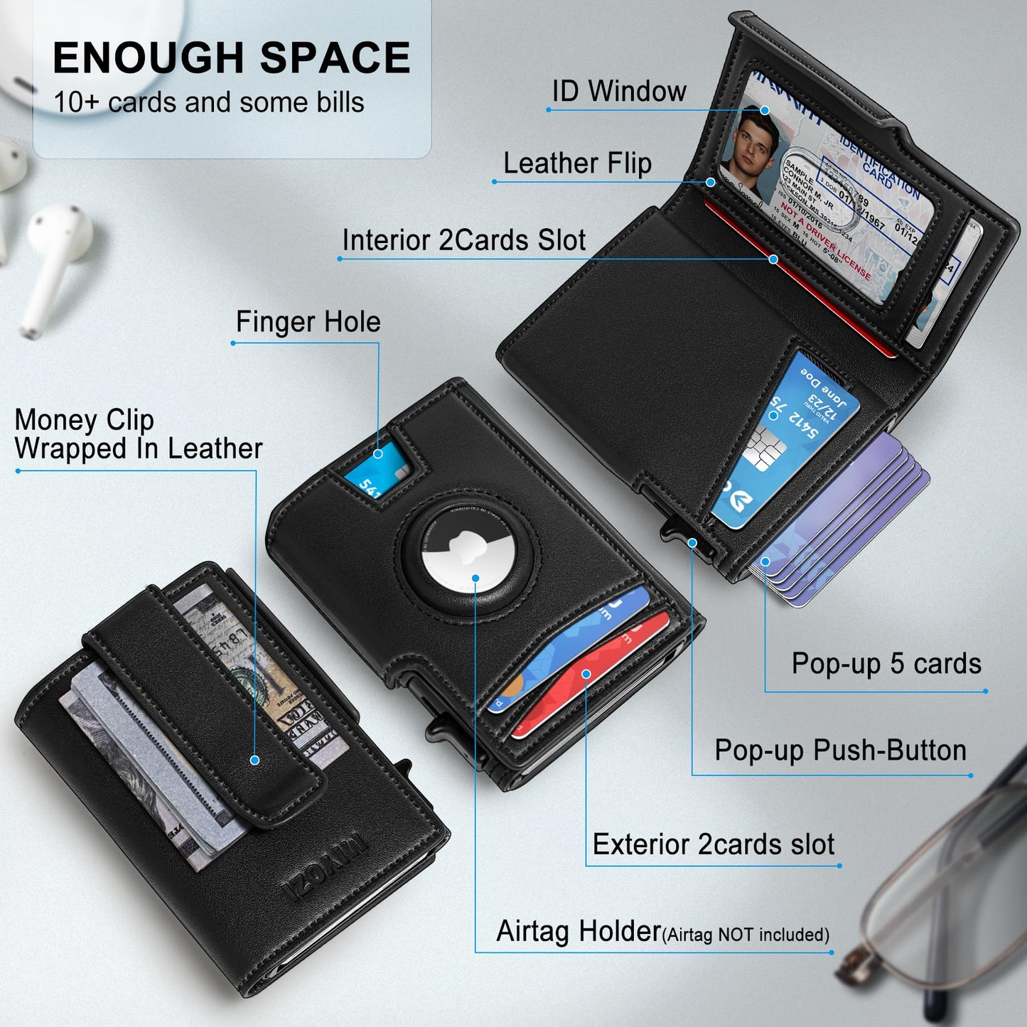 miyozi Airtag Wallet for Men,with Money Clip 10 Cards Metal Case Smart Slim Pop Up Credit Card Holder Flip with Magnetic Closure RFID Blocking wallet with Gift Box