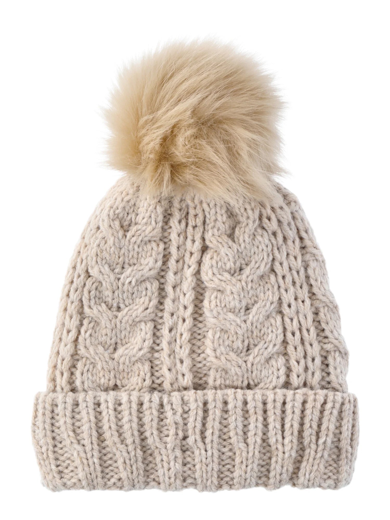 Time and Tru Women's Pom Cable Knit Winter Beanie, Oatmeal Heather