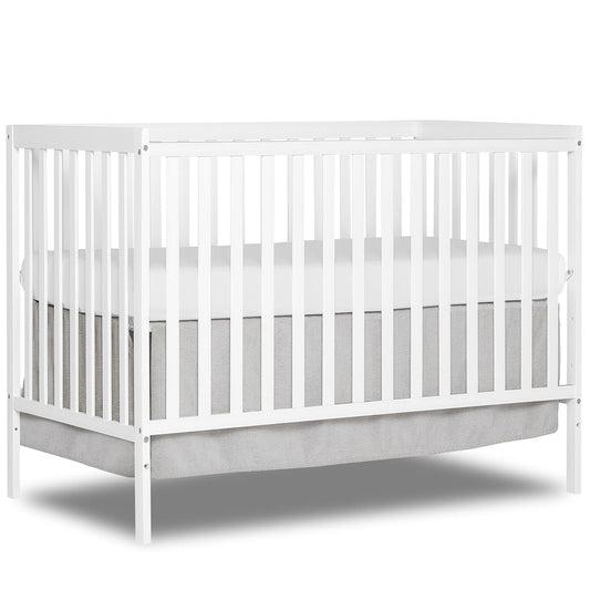 Synergy 5-In-1 Convertible Crib In White, made of New Zealand Pine wood, JPMA & Greenguard Gold Certified, features 3 mattress height settings