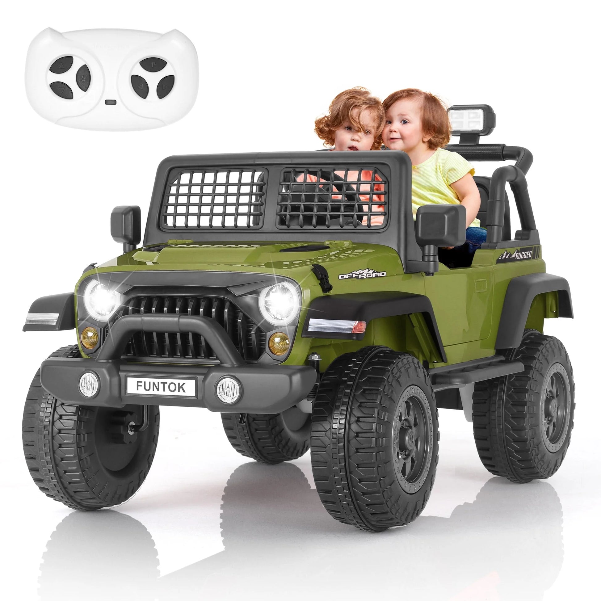 FUNTOK 12V 7AH 2 Seater Electric Ride on Truck, Kids Battery Powered Ride Toy, Motorized Car for Toddlers w/ Remote Control, Bluetooth, Spring Suspension, MP3 Player & LED Lights,Green