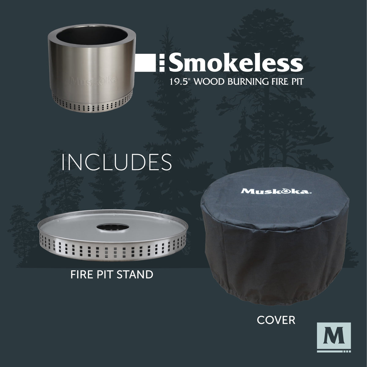 Muskoka 19.5" Stainless Steel Smokeless Wood Burning Fire Pit with Protective Cover