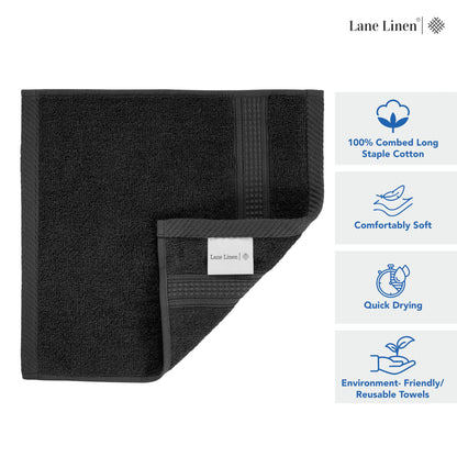LANE LINEN 100% Cotton Washcloths 24 Pack - Spa & Salon Quality Face Towels - Ring Spun, Soft & Absorbent Wash Cloths for Body, Beauty, Home, Gym - Fingertip Towels Set- 13"x13", Black Washcloths