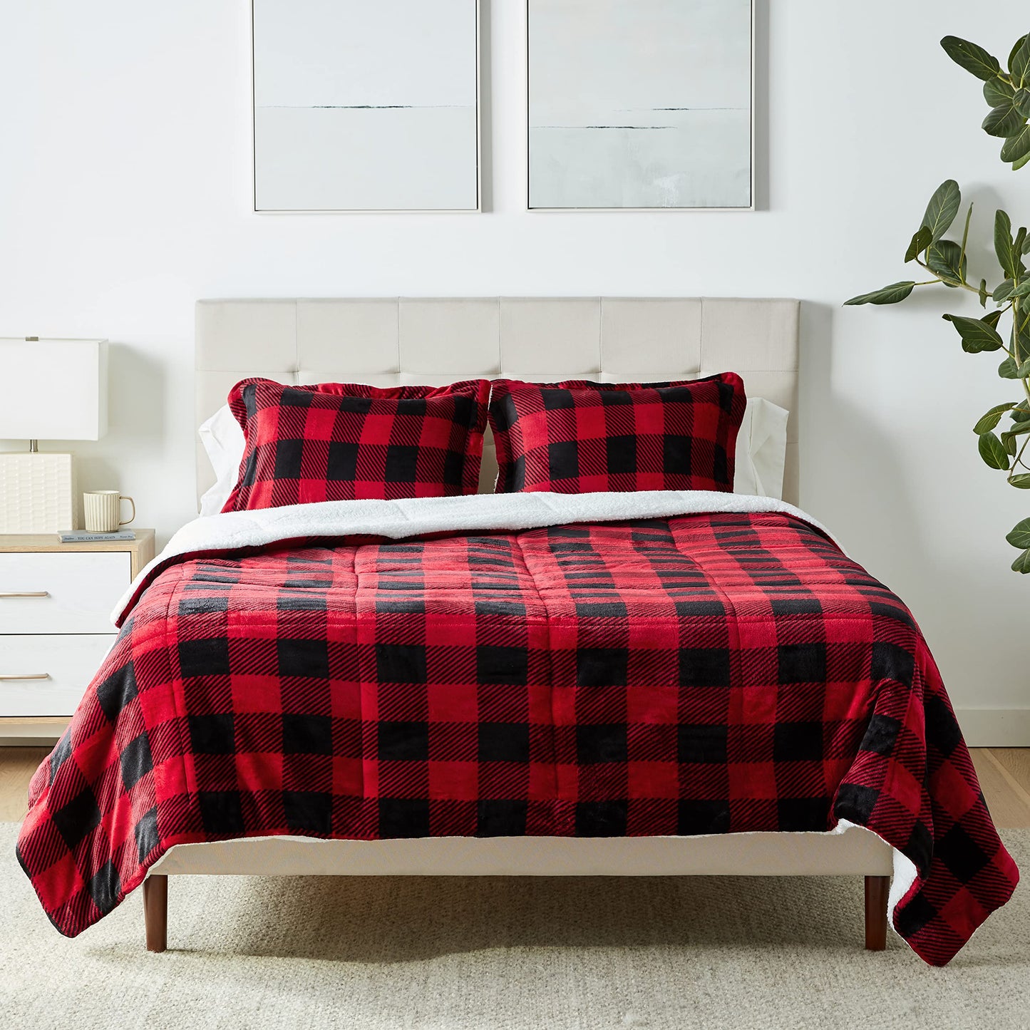 Amazon Basics 3 Piece Bedding Set, Micromink Sherpa, Ultra-Soft, Warm All Season Comforter, Full/Queen, Red Buffalo Plaid