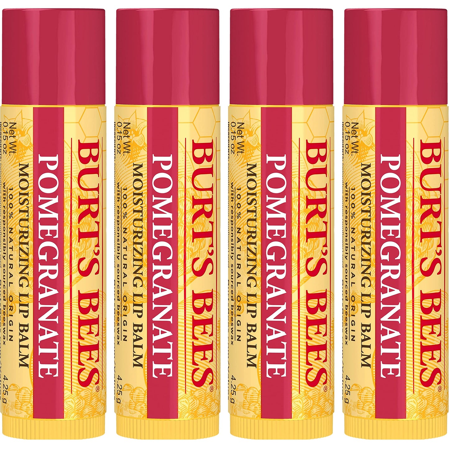 Burt's Bees Lip Balm - Pomegranate, Lip Moisturizer With Responsibly Sourced Beeswax, Tint-Free, Natural Origin Conditioning Treatment, 4 Tubes, 0.15 oz.