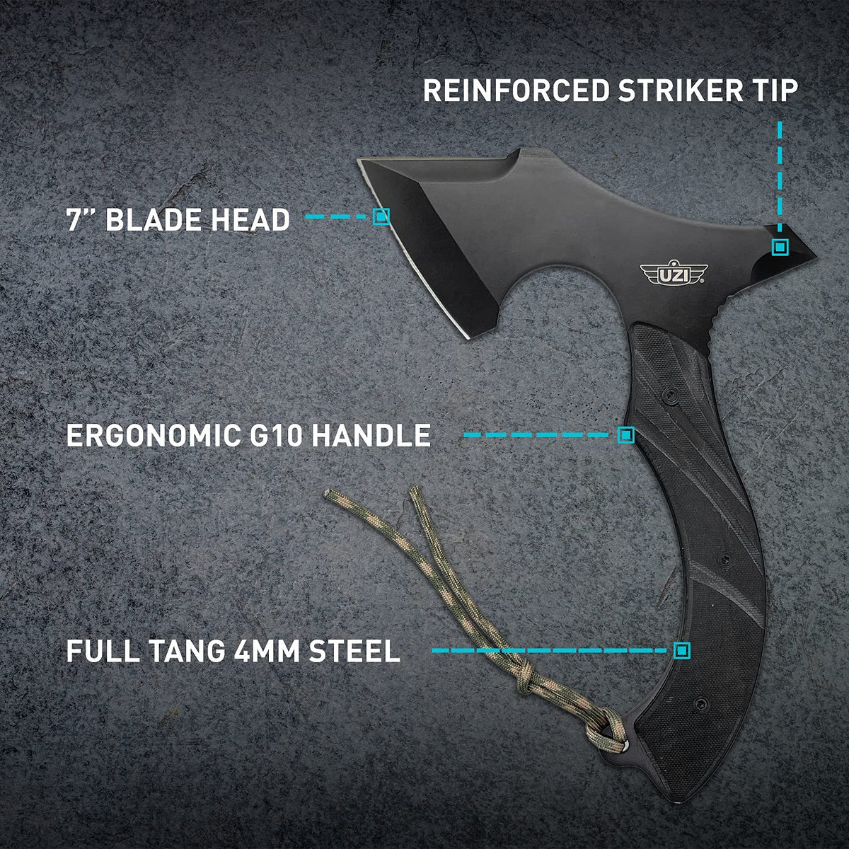 Uzi UZK-Axe-2 Masada Axe with 7-Inch Blade Reinforced Striker Tip, Full Tang, G10 Handle, Tactical Throwing, Chopping Axe for Outdoor, Hiking, Camping, Black Stainless Steel, Double Edged