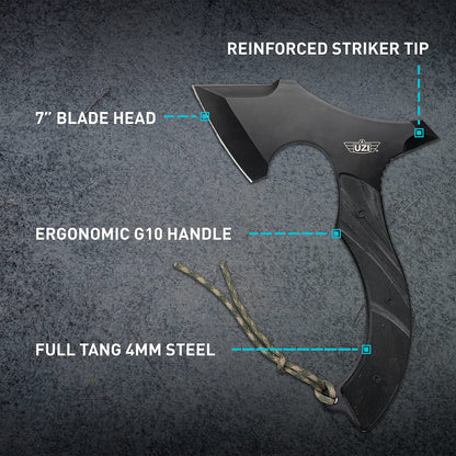 Uzi UZK-Axe-2 Masada Axe with 7-Inch Blade Reinforced Striker Tip, Full Tang, G10 Handle, Tactical Throwing, Chopping Axe for Outdoor, Hiking, Camping, Black Stainless Steel, Double Edged
