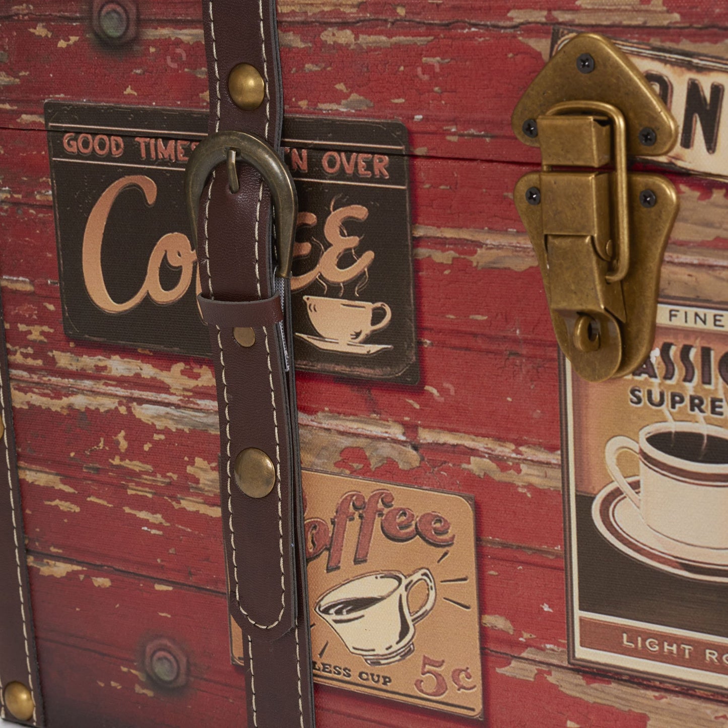 Household Essentials Medium Decorative Trunk, Coffee Shop Faux Decoupage, Antique Exterior, Leather and Metal Accents, Fabric Interior, Hinged Lid, Brown