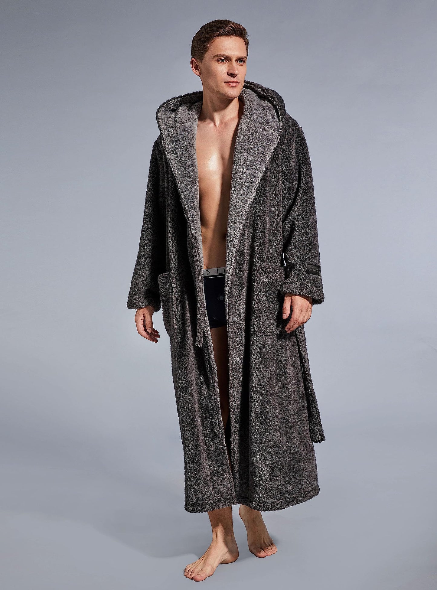 SlumberMee Mens Fleece Plush Robe with Hood Ultra Soft Fluffy Full Length Long with Pockets Luxurious House Coat (Dark Grey, XL)