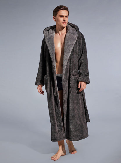 SlumberMee Mens Fleece Plush Robe with Hood Ultra Soft Fluffy Full Length Long with Pockets Luxurious House Coat (Dark Grey, XL)
