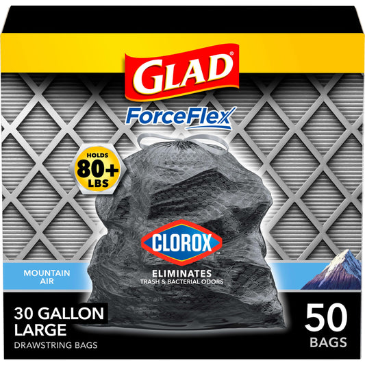 Glad Large 30 Gallon Trash Bags, Clorox Mountain Air Heavy Duty Garbage Bags, Forceflex with Drawstring, 50 Count (Packaging May Vary)