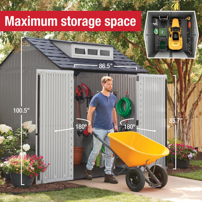 Rubbermaid Resin Outdoor Storage Shed With Floor (7 x 7 Ft), Weather Resistant, Gray, Organization for Home/Backyard/Garden Tools/Lawn Mower/Bike Storage/Pool Supplies