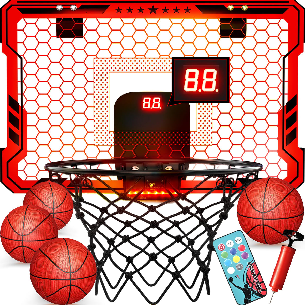 ropoda Indoor Basketball Hoop, Mini Hoop with 7 LED Lights, 3 Modes Scoreboard, Mini Hoop with 4 Balls Over The Door, Basketball Hoop Indoor, Toys Gifts for Kids Adults