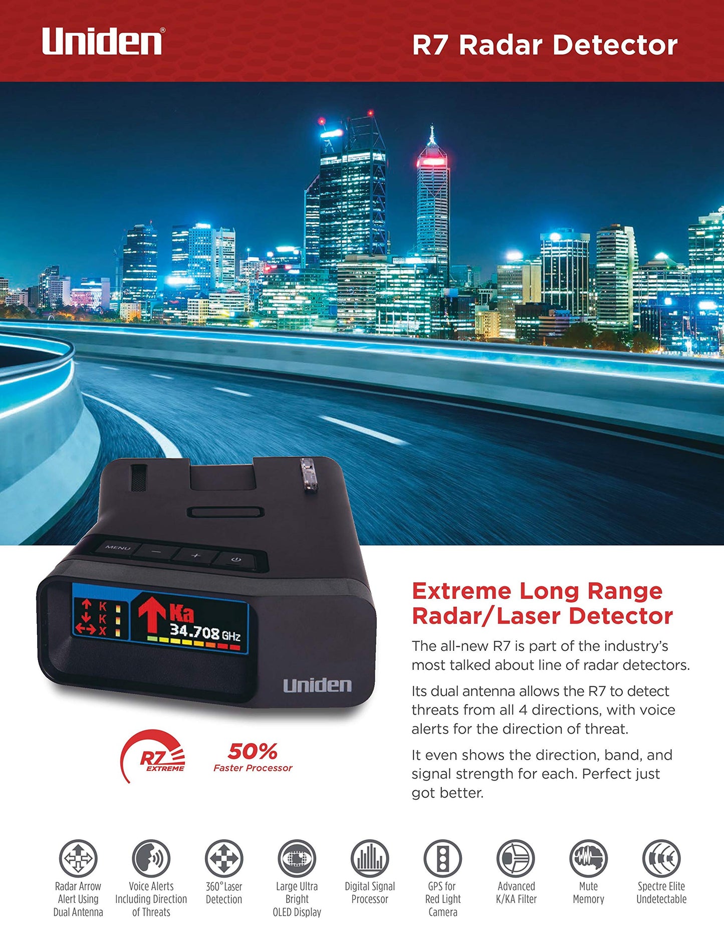 Uniden R7 Extreme Long-Range Laser-Radar Detector, Built-in GPS w/ Real-Time Alerts, Dual-Antennas Front & Rear w/Directional Arrows, Voice Alerts, Red Light Camera and Speed Camera Alerts