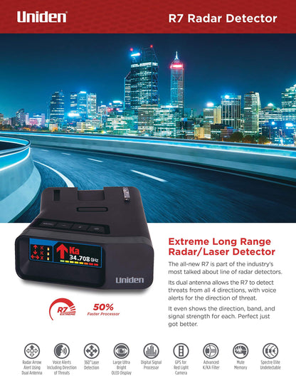 Uniden R7 Extreme Long-Range Laser-Radar Detector, Built-in GPS w/ Real-Time Alerts, Dual-Antennas Front & Rear w/Directional Arrows, Voice Alerts, Red Light Camera and Speed Camera Alerts