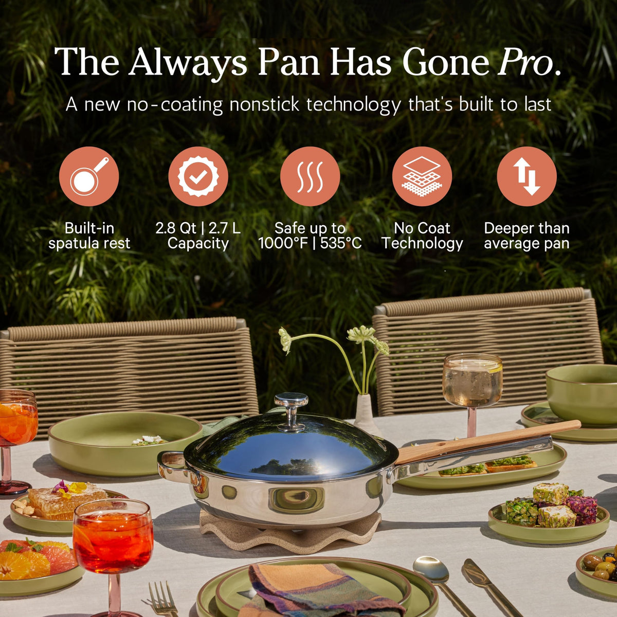 Our Place Titanium Always Pan Pro - 10.6” (2.8 Qt) No-Coating Nonstick Technology | Tri-Ply Titanium & Stainless Steel | Safe for Oven, Induction & Cooktops up to 1000°F | Includes Spatula | Chrome