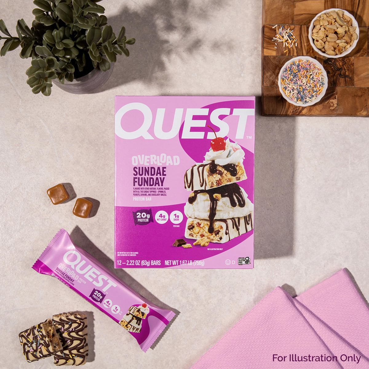 Quest Nutrition Overload Protein Bars, Sundae Funday, 20g Protein, 1g Sugar, 4g Net Carbs, Gluten Free, 12 Count