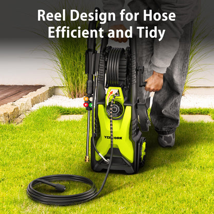 5000 Max Adjustable PSI Pressure Washer, 2 Max GPM Power Washer with 33 FT Hose Reel, Steel Wand, 500ml Foam Cannon, 4-Nozzle Set, Electric Pressure Washer for Cars, Fences, Patios